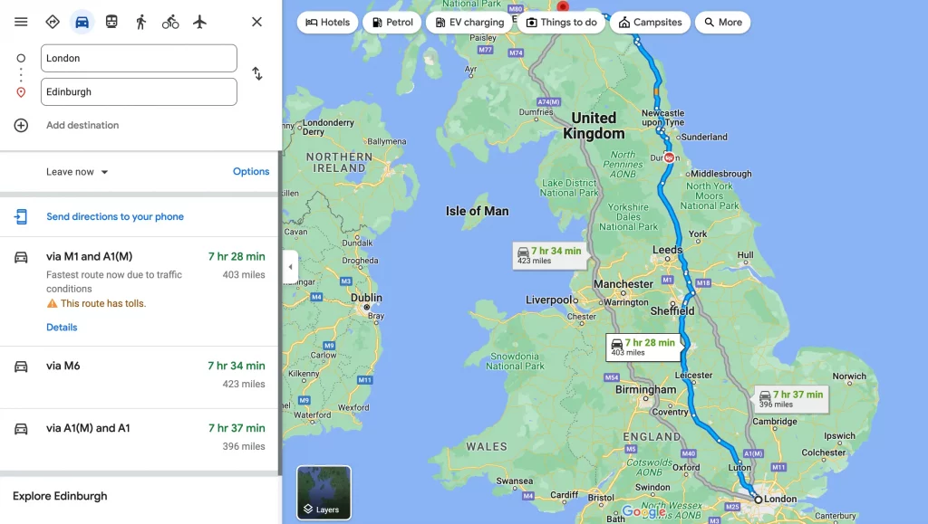 road trip planning on Google Maps