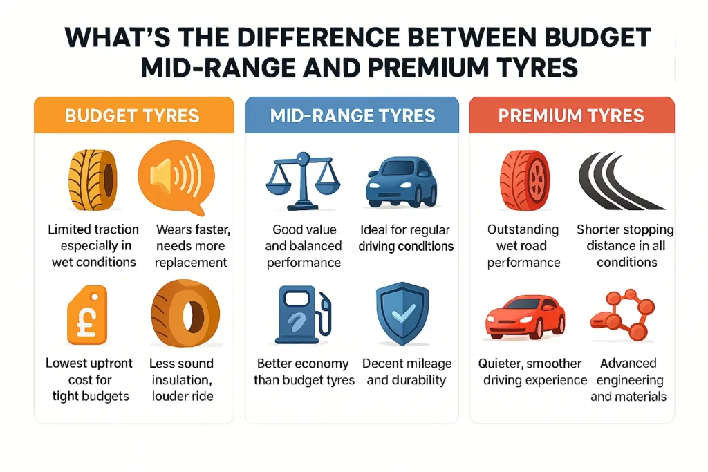 Difference Between Budget Tyres, Mid-range and Premium Tyres