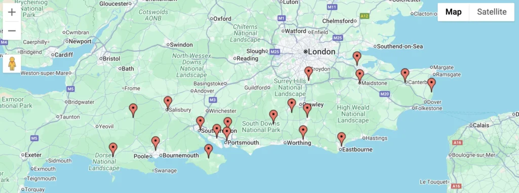 A map of all Elite Garages locations, including the featured Fareham MOT Centre