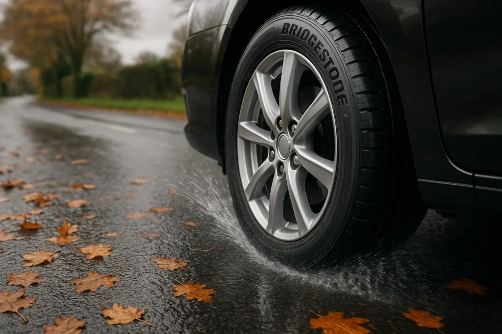 Bridgestone Tyres on a car driving on a UK road in Autumn