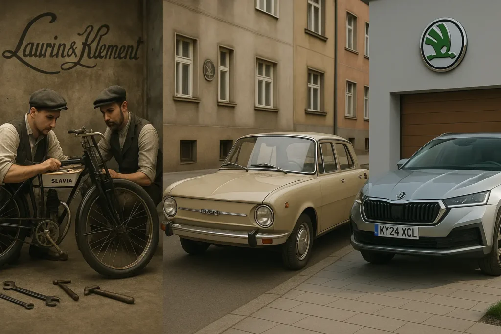 A timeline photographic illustration of the History of Skoda