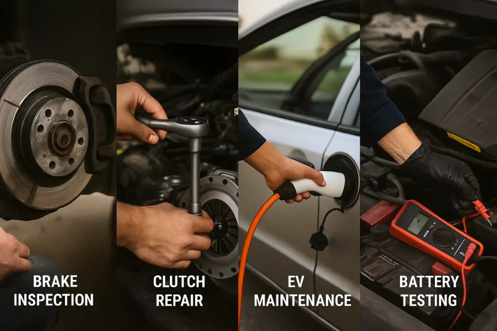 MOT in Dorchester | Close-up collage showing brake inspection, clutch repair, EV maintenance, and car battery testing | Representing Elite Garages’ professional vehicle services across the South Coast.