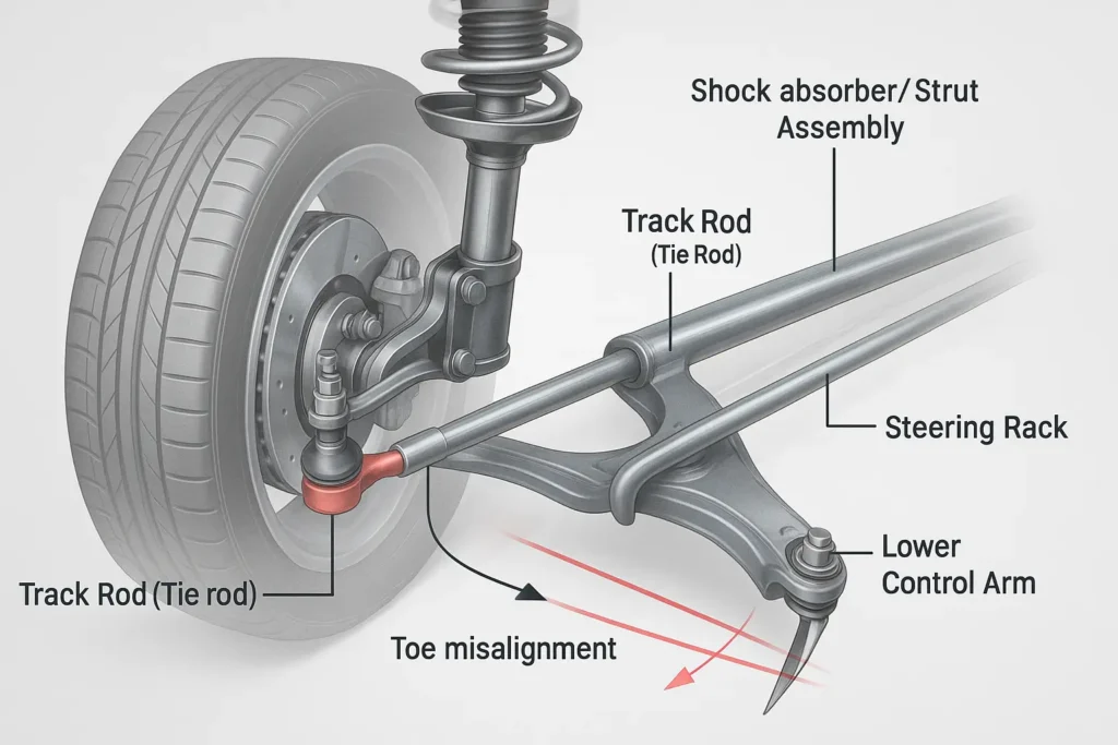 Diagram of a car’s steering and suspension system highlighting the track rod end, tie rod, steering rack, and toe misalignment caused by wear or incorrect adjustment.