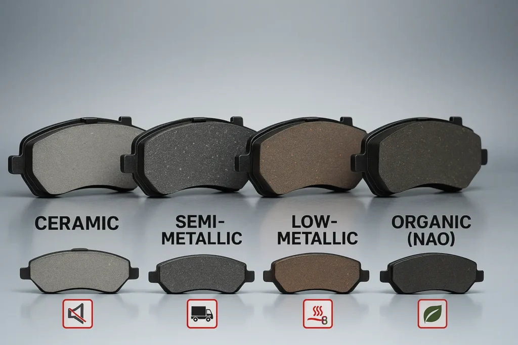 Illustration showing different types of brake pads | Ceramic, Semi-metallic, low-metallic and organic (NAO) brakes