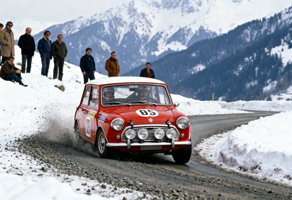 A classic 1960s Mini Cooper S racing through snowy alpine roads during the Monte Carlo Rally, with period-correct details and spectators watching