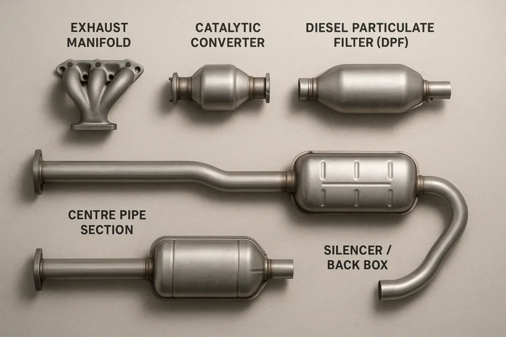 Laid-out view of a complete car exhaust system showing the exhaust manifold, catalytic converter, DPF, centre pipe, silencer, and tailpipe on a workshop surface.