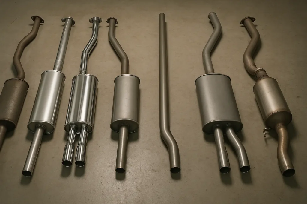 Comparison of different exhaust system types, including mild steel, stainless steel, performance, single and twin exhausts, and a diesel exhaust with a DPF.