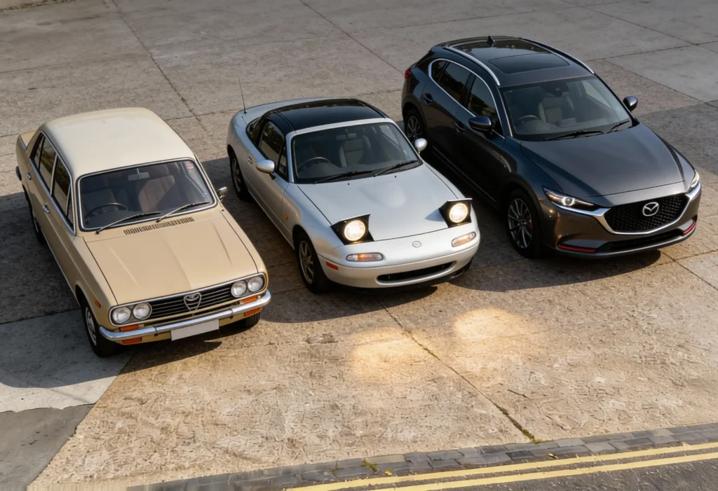 Historic Mazda cars displayed together, including a 1960s Mazda R360 Coupe, a 1990s Mazda MX-5, and a modern Mazda model, showing the evolution of Mazda design