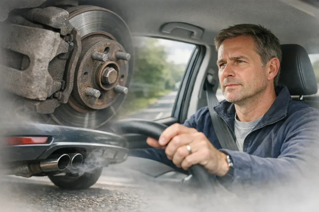 Illustration showing a man driving car noticing strange noises or smells which could be the brakes or exhaust