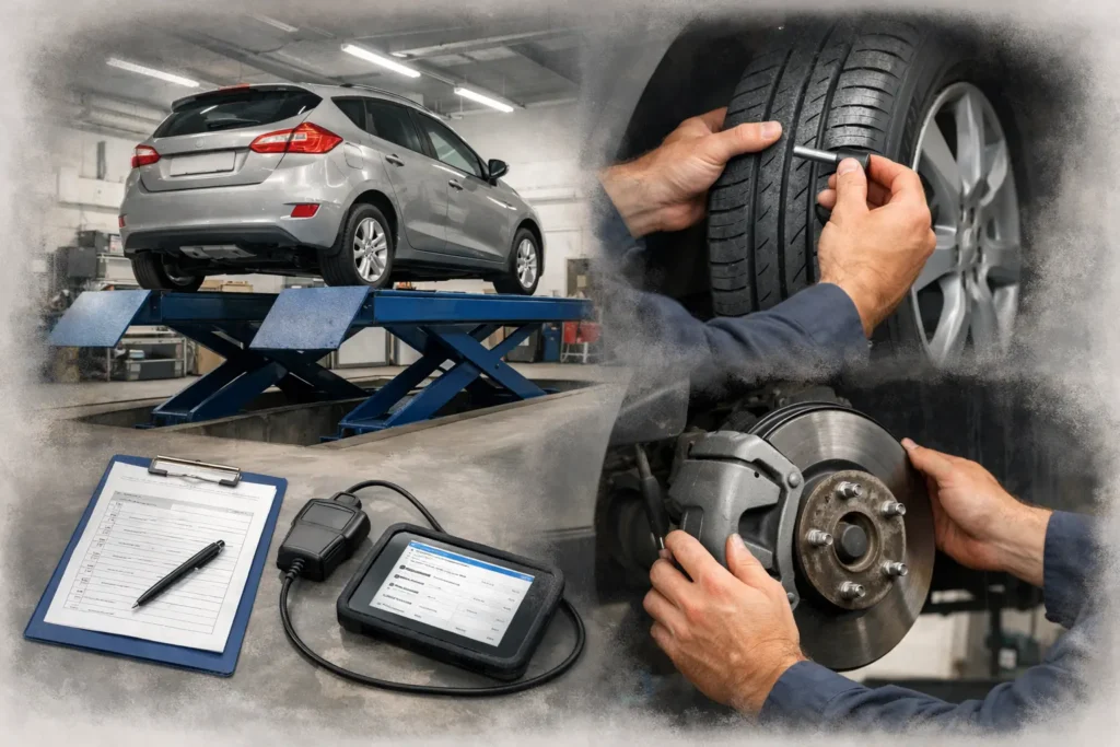 Collage type image showing car checks, and guidance on MOTs