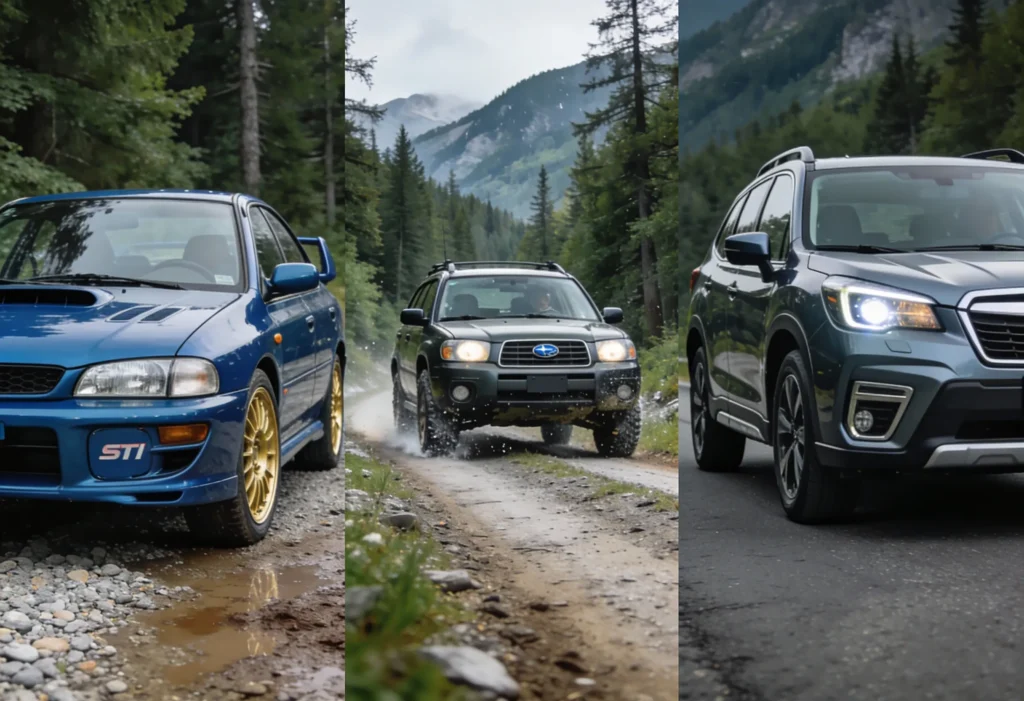 Historic Subaru models shown together, including a 1990s Subaru Impreza associated with rally heritage, an early Subaru SUV, and a modern Subaru vehicle, highlighting Subaru’s all-wheel-drive evolution