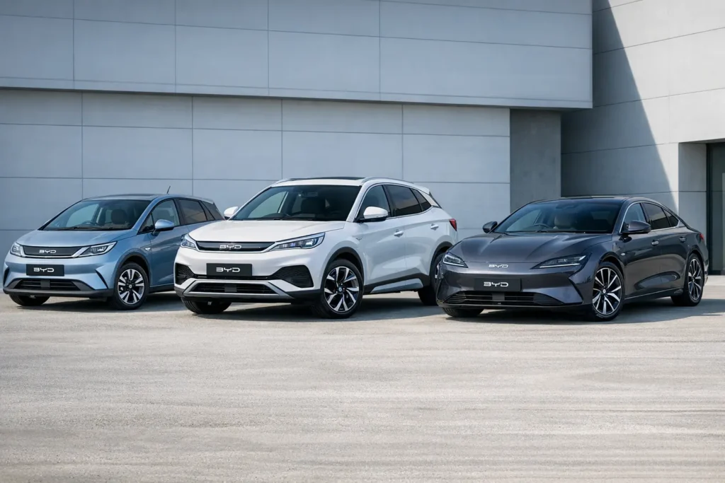 AI-generated image of BYD Dolphin, Atto 3 and Seal displayed together, highlighting the vehicles supported by professional BYD services in the UK