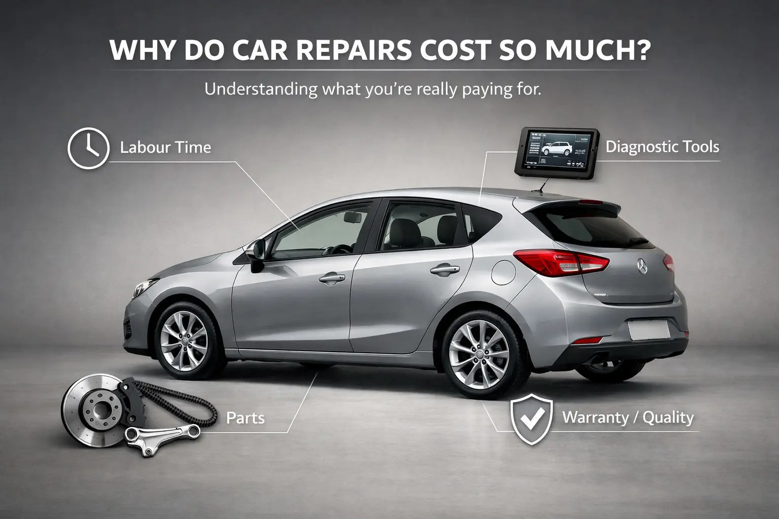Collage visual explaining the components behind car repairs such as technician labour, diagnostic equipment and replacement parts.