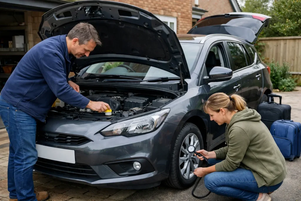Couple calmly checking their car under the bonnet before a long motorway journey in the UK.
