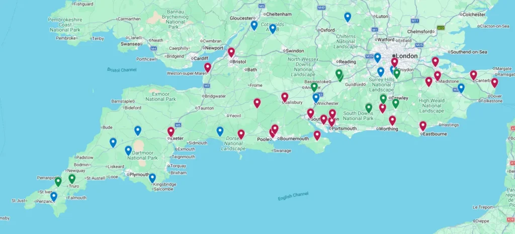 A Google Map illustration showing the existing Elite Garages locations in red and green, with blue pins showing ATS branches joining the Elite Group.