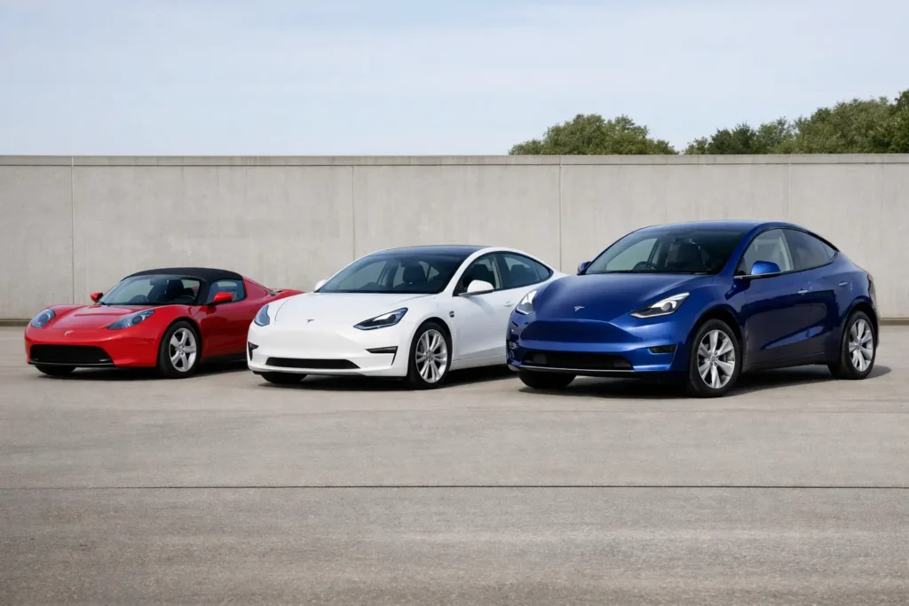 Tesla Roadster, Model 3 and Model Y displayed together, representing the evolution supported by professional Tesla services in the UK.