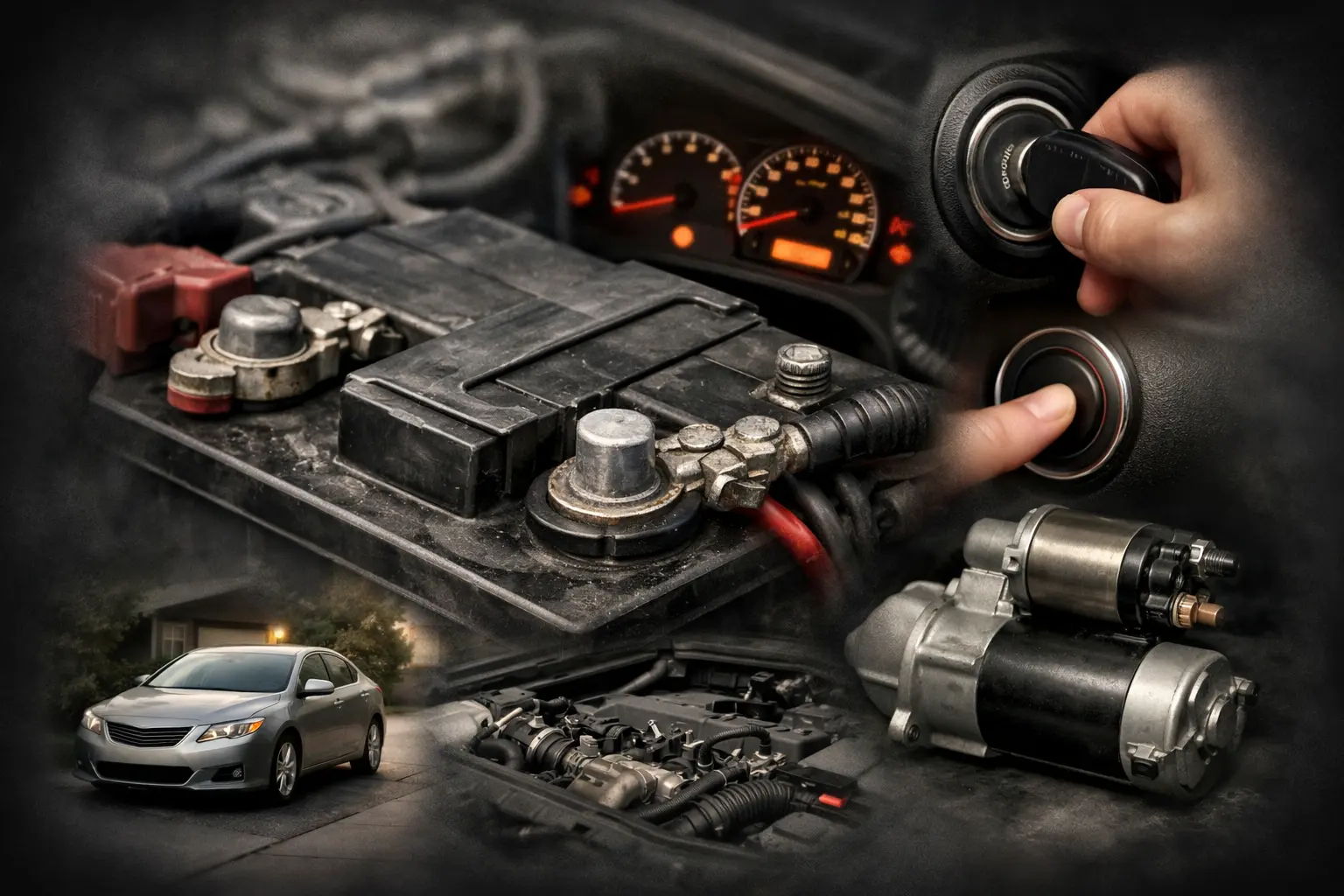 Collage showing car battery, dashboard lights, ignition and engine components illustrating common reasons a car won’t start.
