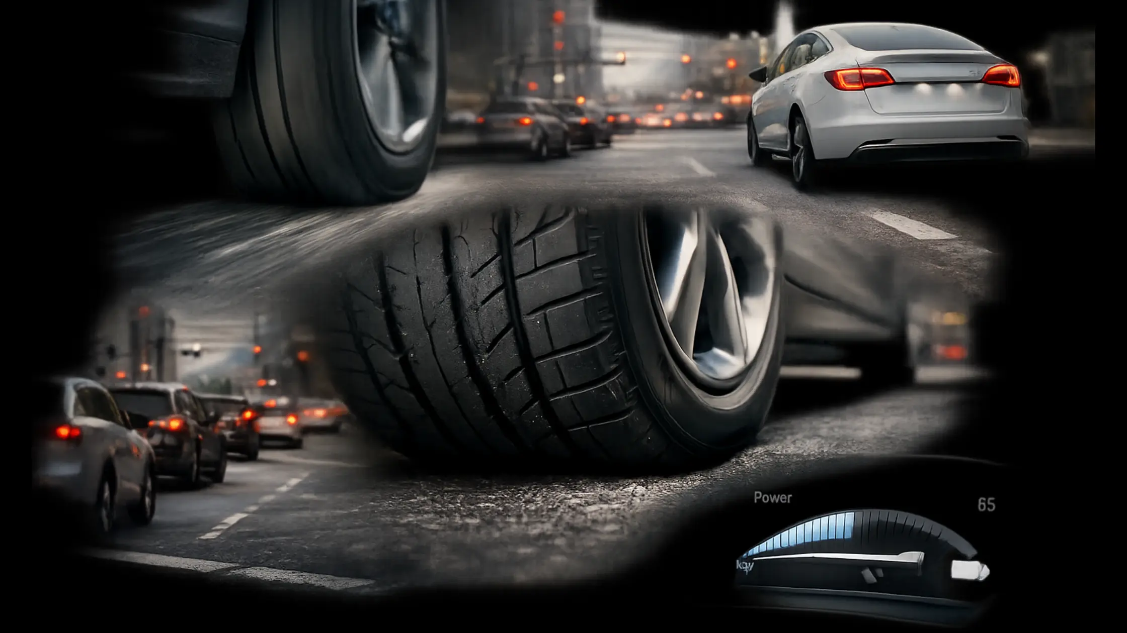 Collage showing electric vehicle tyre wear, acceleration, road driving and tyre compression illustrating how EV tyres behave differently.