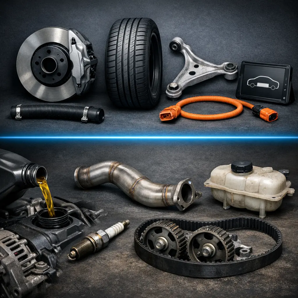 Photorealistic split image showing genuine electric vehicle components compared with standard petrol car engine parts.