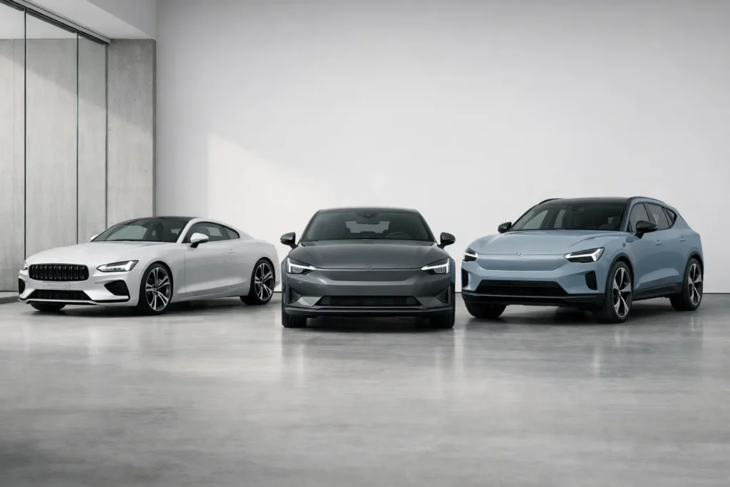 Polestar electric vehicle lineup showing design progression from Polestar 1 to Polestar 3 in a clean architectural environment