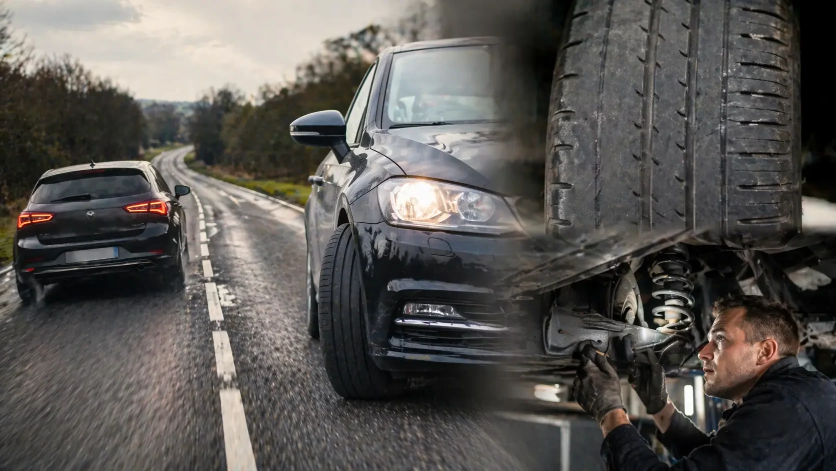 Collage showing tyre wear, steering angle and vehicle drift illustrating causes of a car pulling to one side.