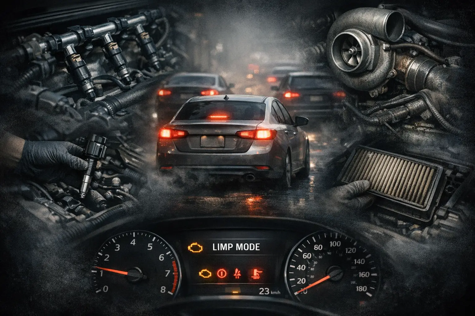 Collage showing car losing power with engine components including fuel system, turbo, air filter, ignition parts and dashboard warning light.