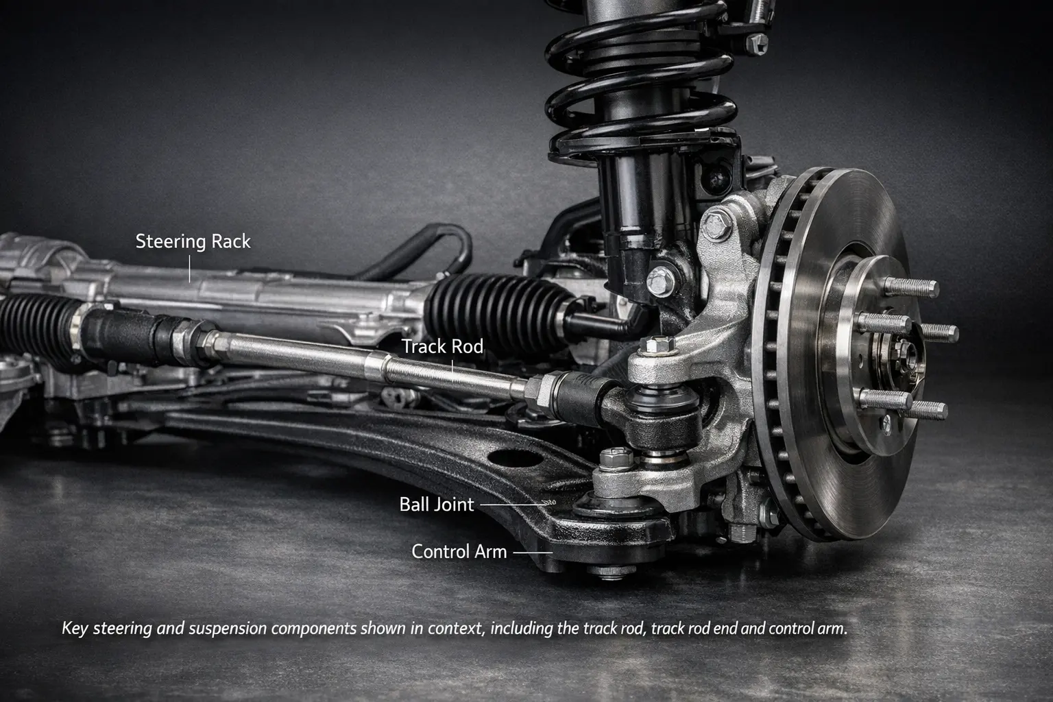 Diagram-style image showing how track rod ends, track rods, steering rack, ball joints and control arms connect in a car steering system.