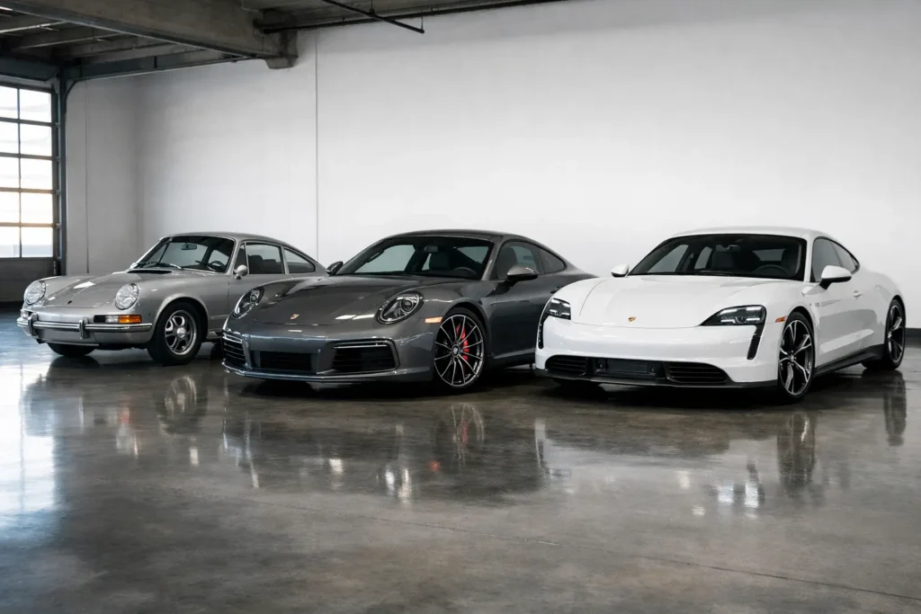 Porsche 911 evolution and Taycan showcasing performance and design heritage in an editorial setting