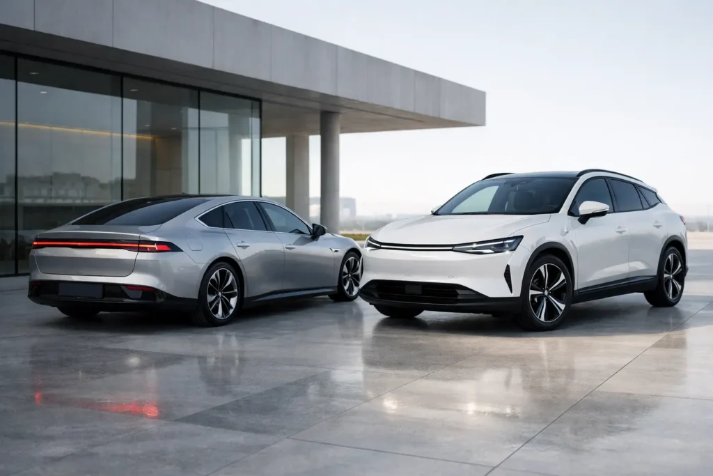 XPeng electric vehicles including P7 and G6 in a modern setting highlighting advanced EV design and technology