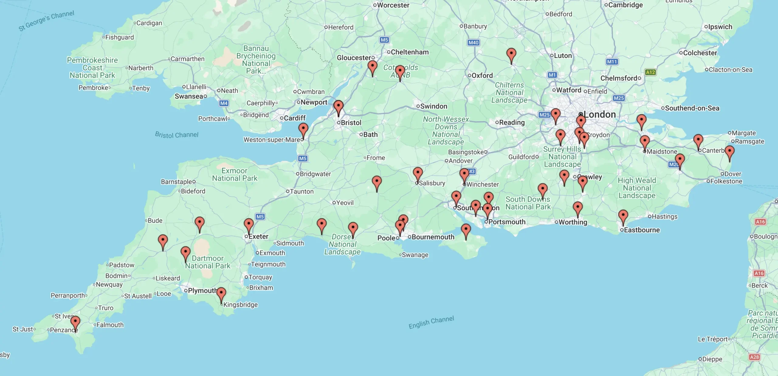 Google Maps showing all the Elite Garages branches in the UK, including the new 14 previous ATS Euromaster sites