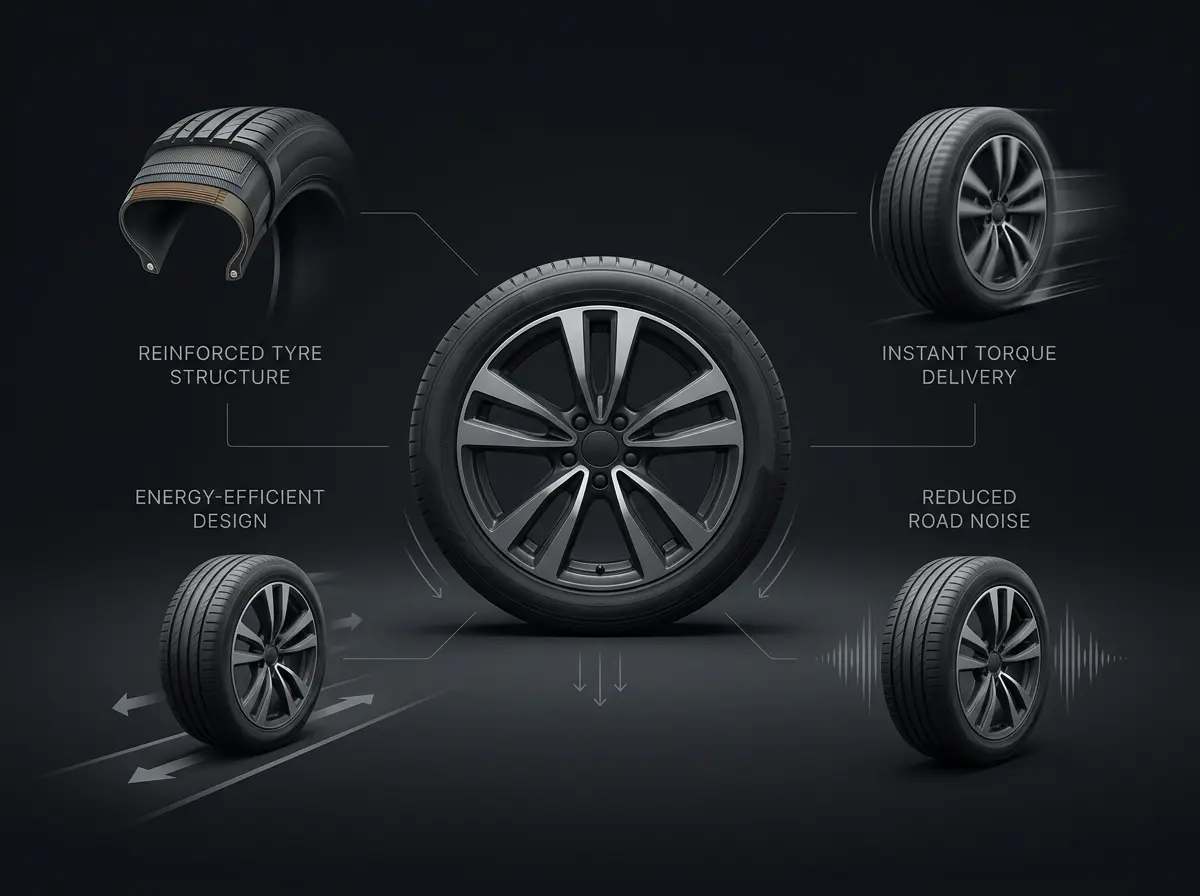 Infographic showing key EV tyre features including reinforced structure, instant torque handling, energy-efficient design and reduced road noise.