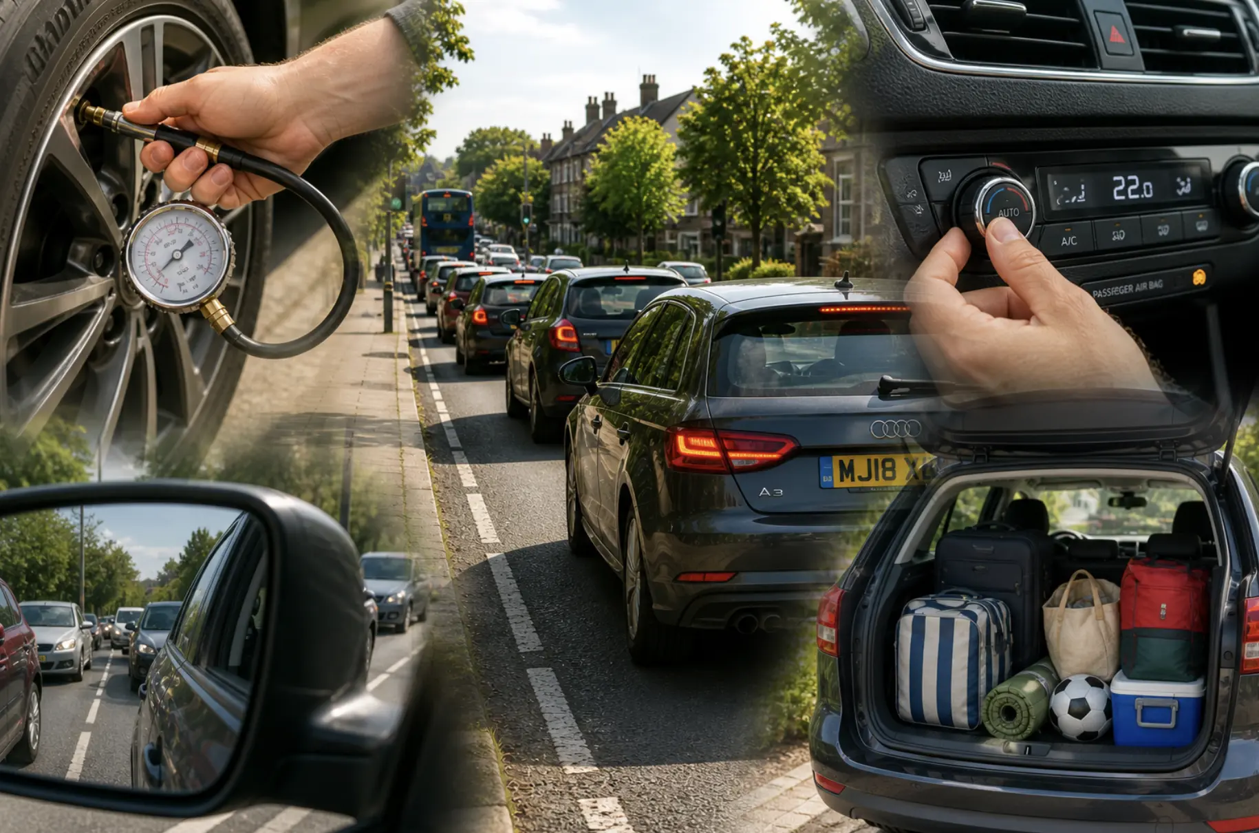 Collage showing tyre pressure check, air conditioning use, traffic and extra load illustrating causes of increased fuel consumption.