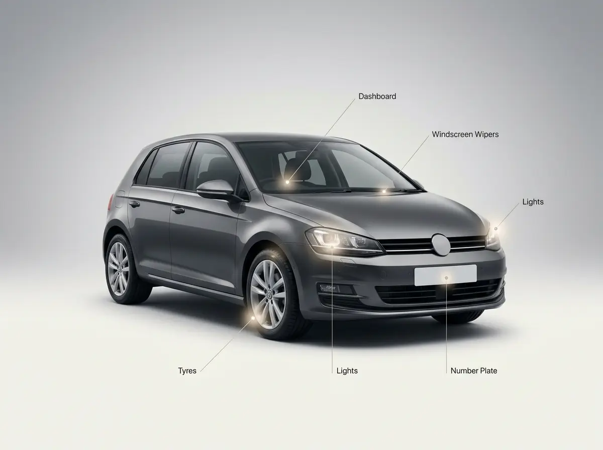 Minimalist automotive diagram highlighting key areas such as tyres, lights and wipers that can cause an MOT failure.