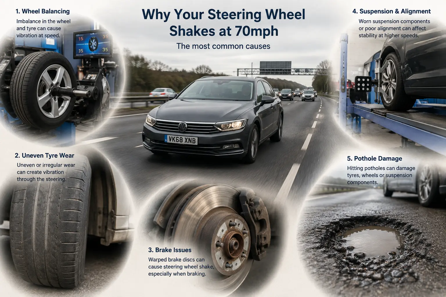 Automotive infographic showing common causes of steering wheel shake including wheel balancing, tyre wear, brakes, wheel alignment and pothole damage.