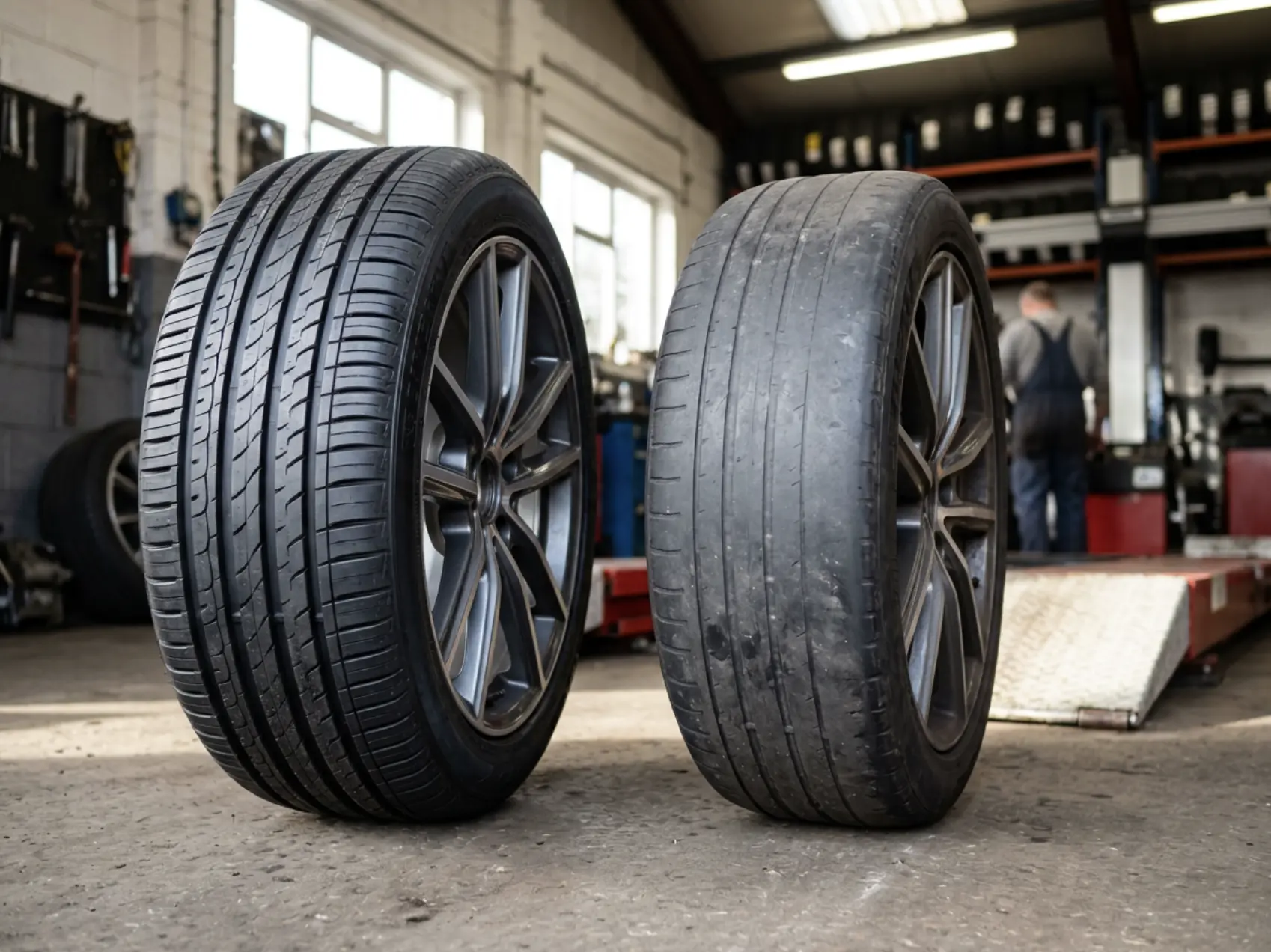 Comparison of new and worn tyre tread depth showing why steering, grip and handling can feel different after tyre replacement.