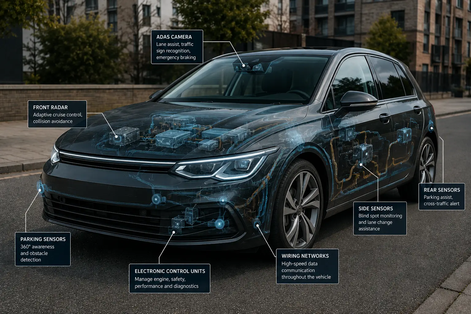 Modern car showing ADAS cameras, radar sensors, parking sensors and electronic control systems that make modern cars more expensive to repair than older vehicles.