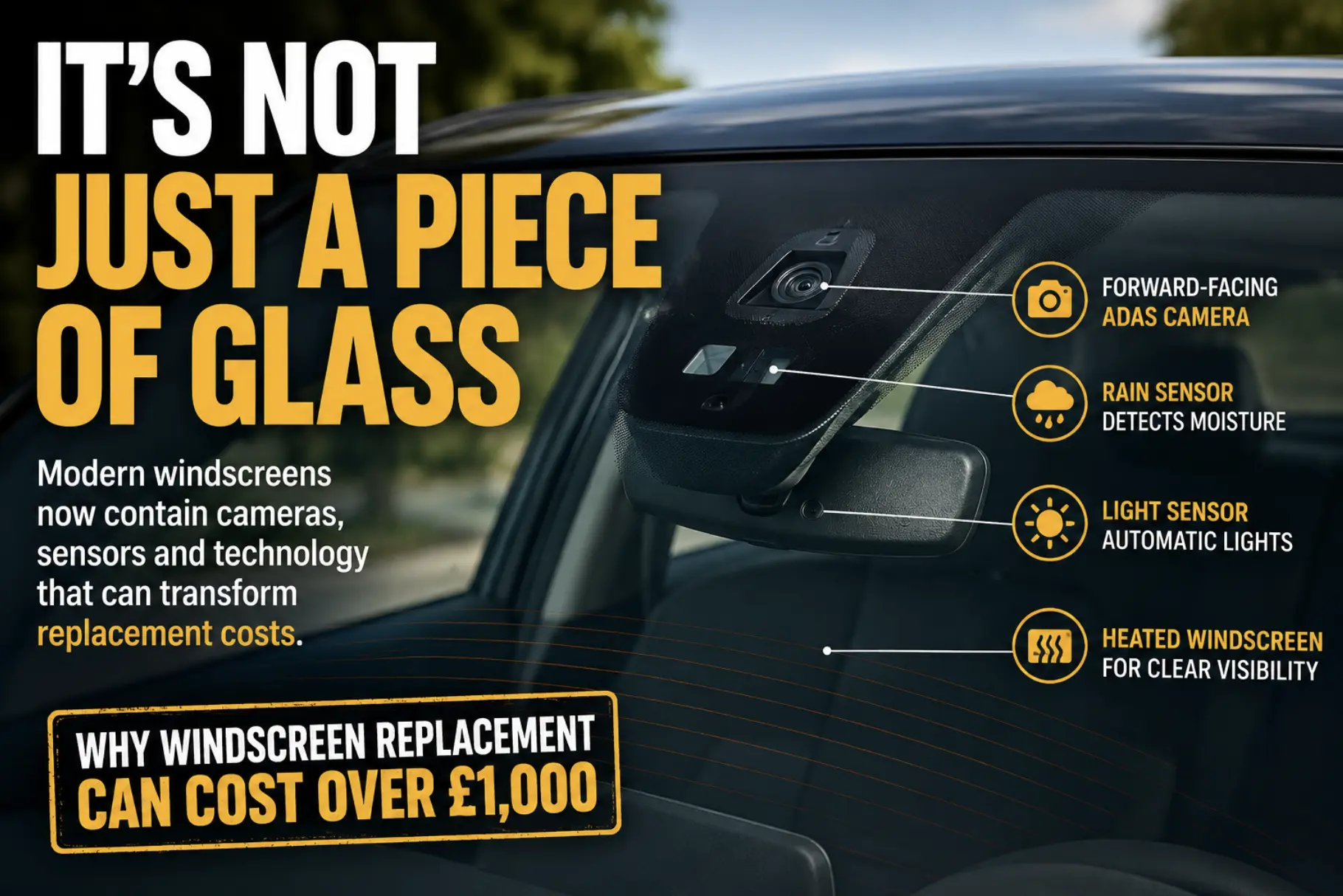 Modern UK vehicle windscreen showing ADAS camera and sensor housing behind the rear-view mirror, illustrating why modern windscreen replacement is more complex than traditional glass replacement.