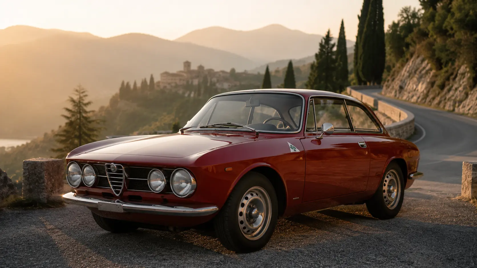 Classic Alfa Romeo Giulia Sprint GT parked beside a winding Italian mountain road at sunrise, showcasing Alfa Romeo's motorsport heritage against a backdrop of rolling hills, cypress trees and a historic Mediterranean village.