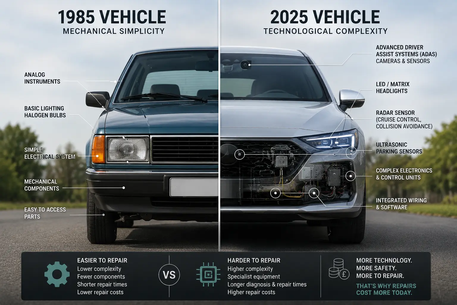 Modern car repair complexity compared with a 1980s vehicle, showing how sensors, cameras, ADAS technology and electronics have increased repair costs and diagnostic requirements.