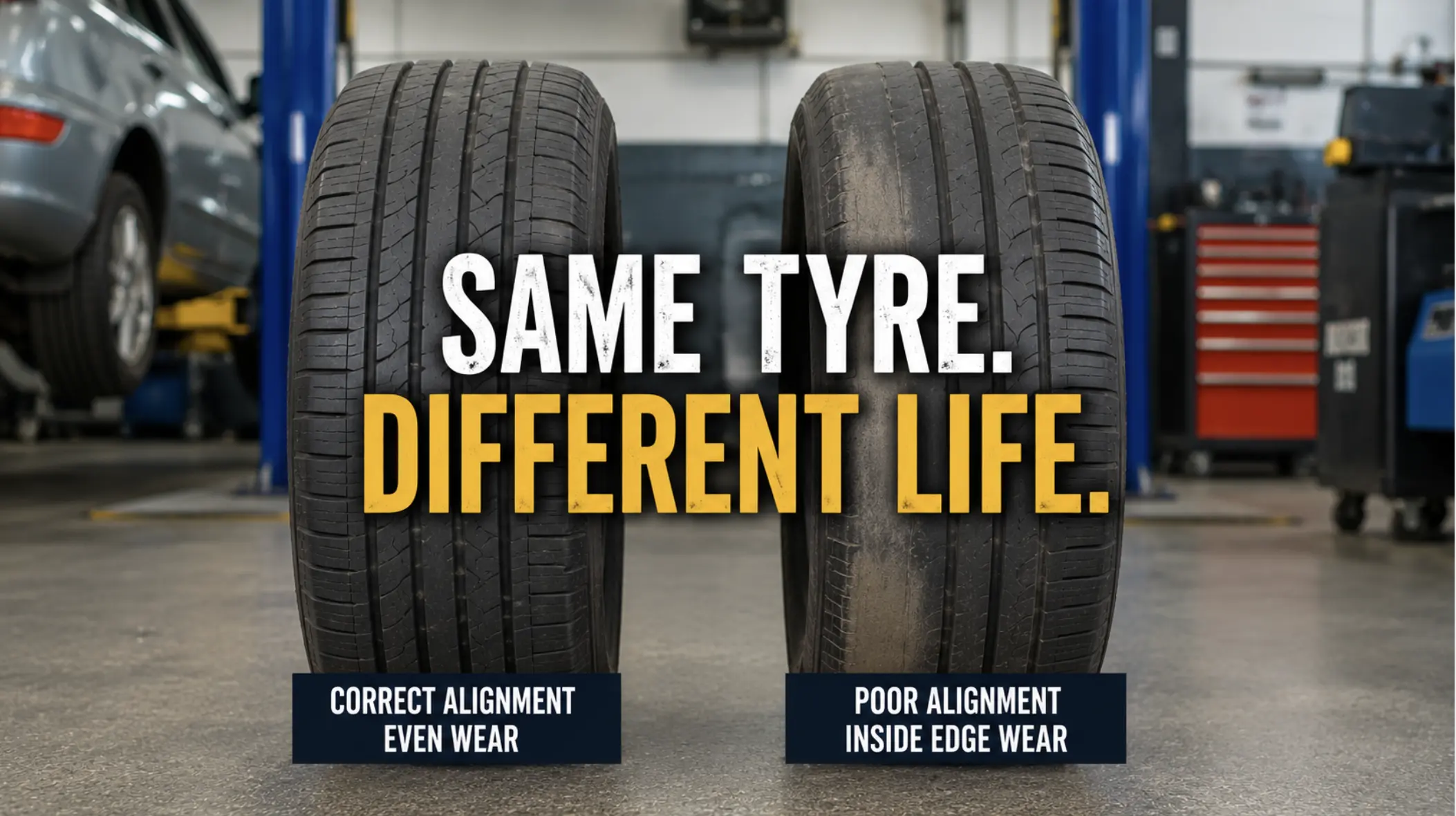 Side-by-side comparison of two tyres showing even tread wear versus severe inner-edge wear caused by poor wheel alignment, demonstrating why some tyres wear out faster than others.