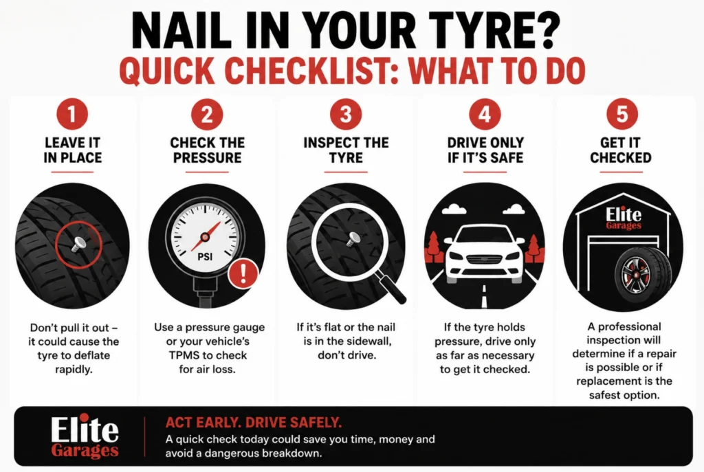 Infographic showing when it is safe to drive with a nail in your tyre, comparing common puncture scenarios including a nail in the tread, slow pressure loss, a tyre pressure warning light, a flat tyre and sidewall damage, with clear guidance on when to drive cautiously, stop driving or seek a professional tyre inspection.