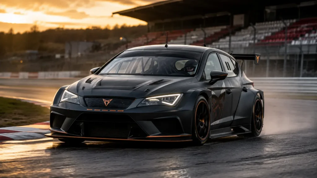 CUPRA Leon Competición touring car racing through a fast corner, showcasing CUPRA's motorsport heritage and performance-focused engineering.