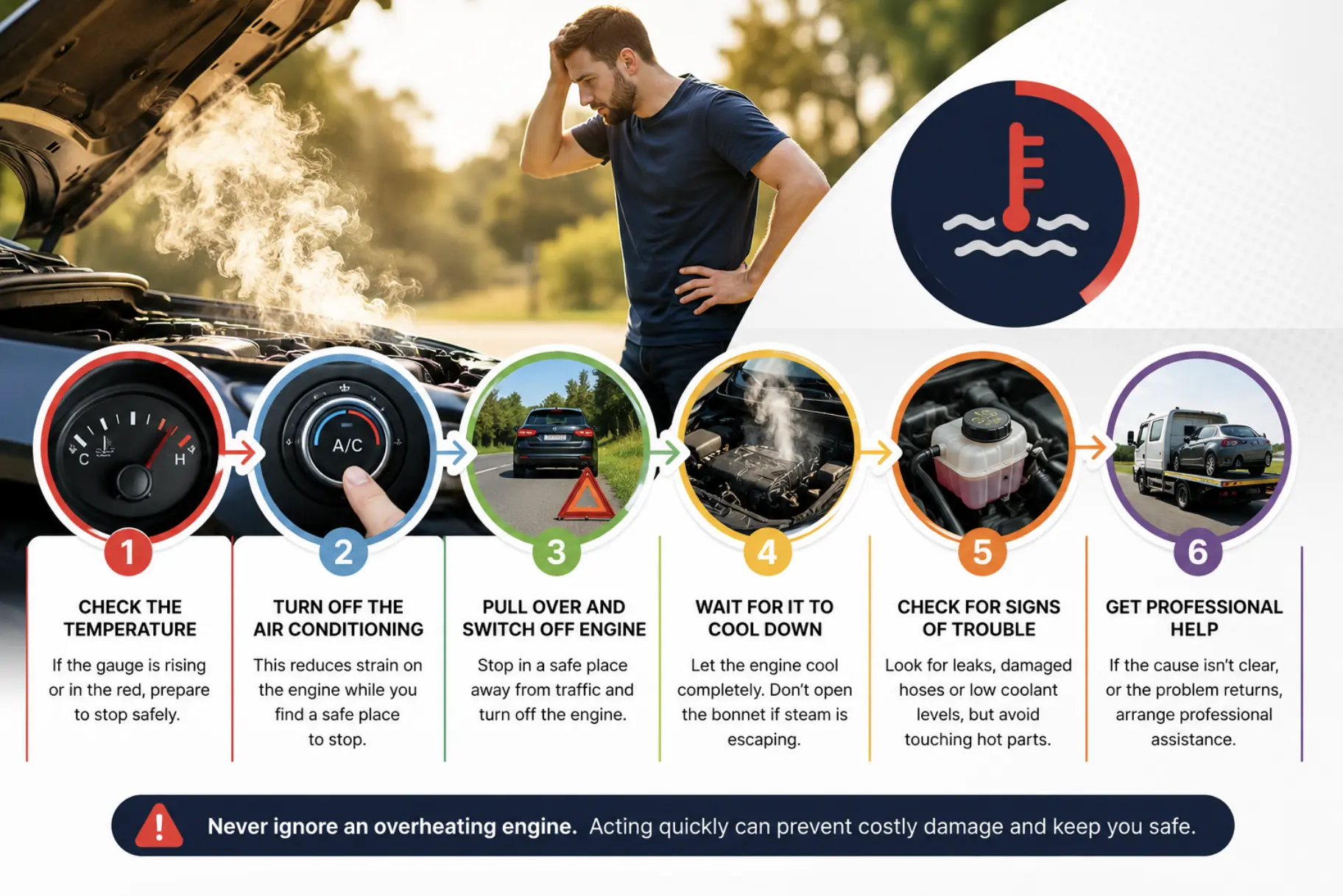 Infographic showing six steps to take if your car starts overheating in hot weather, including checking the temperature gauge, stopping safely, allowing the engine to cool and seeking professional assistance.