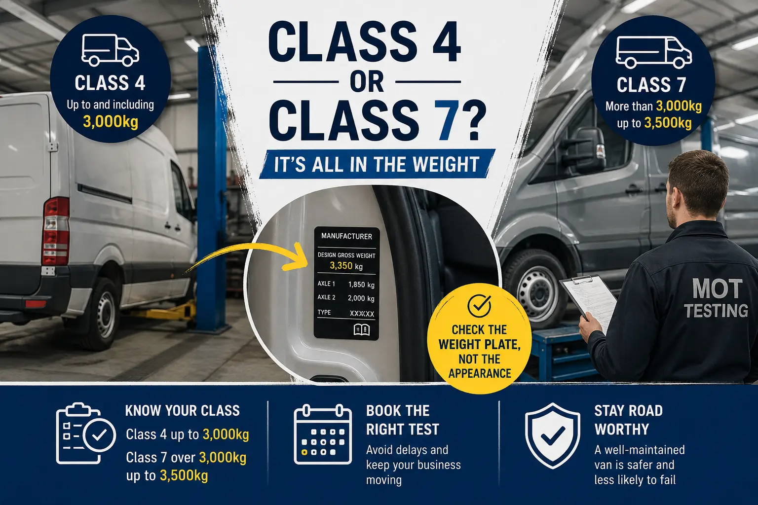 Class 4 and Class 7 MOT infographic showing vehicle weight limits, a van weight plate and why drivers should book the correct MOT class.