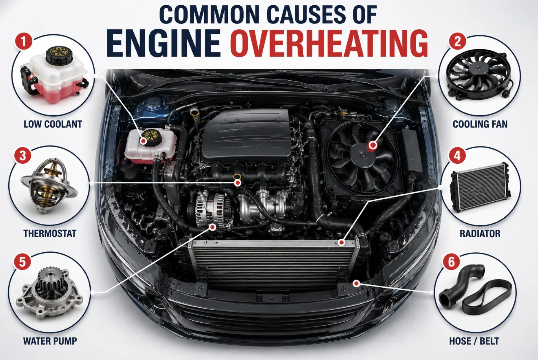 Infographic illustrating the most common causes of engine overheating, including low coolant, a faulty cooling fan, thermostat, radiator, water pump and damaged hose or drive belt.