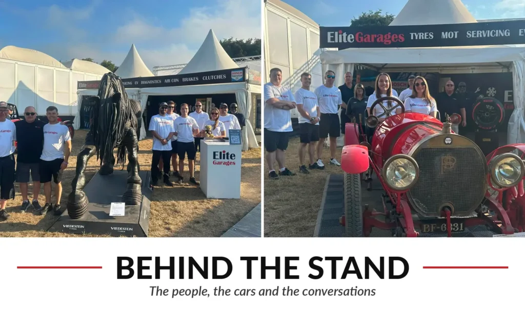 Elite Garages team with the tyre horse sculpture and historic 1911 Pilain at the Goodwood Festival of Speed 2026.