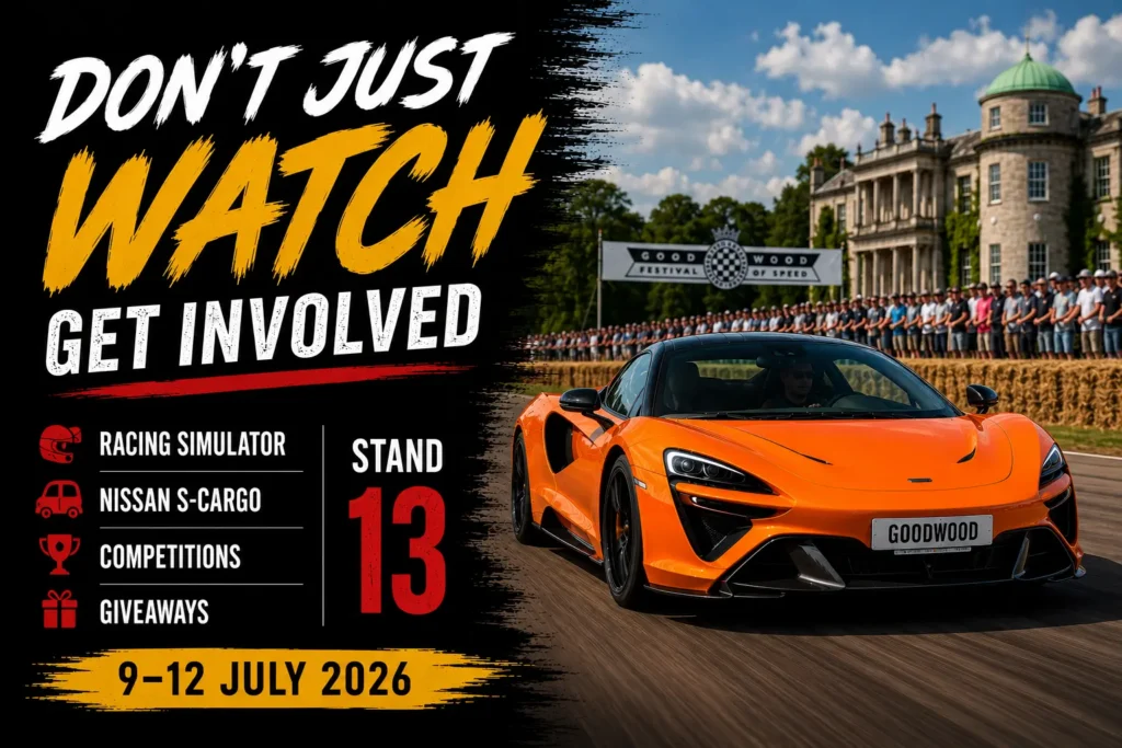 Promotional graphic inviting visitors to experience Elite Garages at Stand 13 during the Goodwood Festival of Speed 2026, featuring a racing simulator, Nissan S-Cargo, competitions and giveaways.