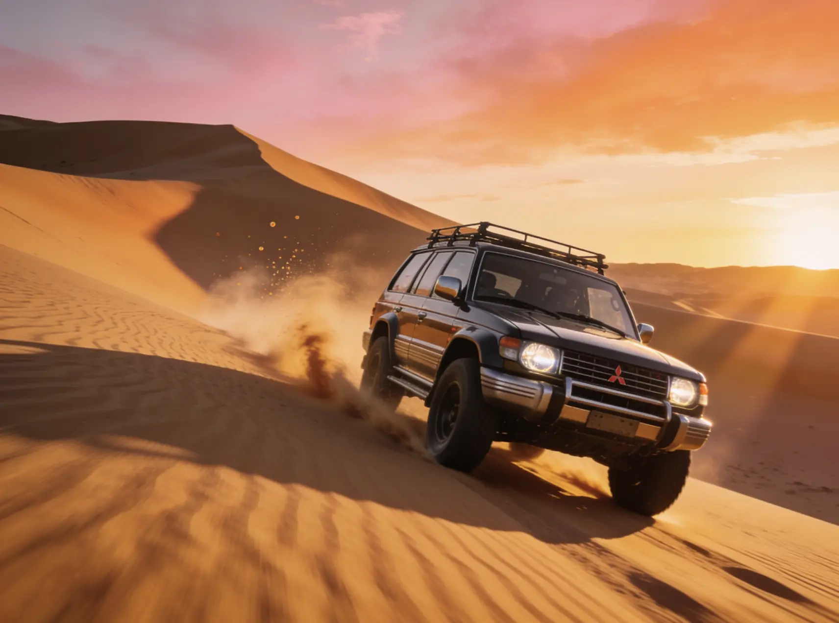 Classic Mitsubishi Pajero Evolution crossing desert sand dunes, celebrating Mitsubishi's legendary Dakar Rally success and off-road engineering heritage.