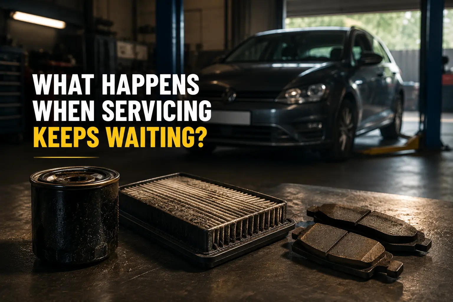 Used oil filter, dirty air filter and worn brake pads on a workshop bench, illustrating the risks of delaying a car service.