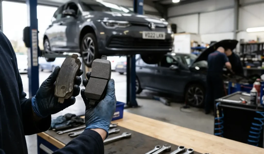 Comparison of new and worn brake pads held by a technician, showing how brake pad wear affects vehicle safety and when replacement is needed.